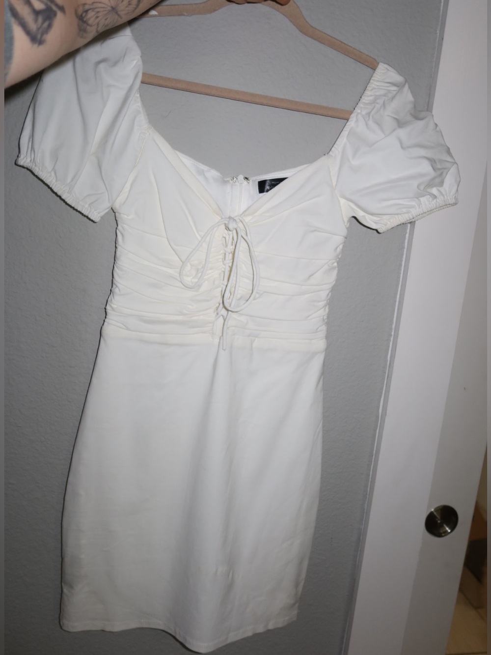 Blue Blush Cream Puff-Sleeve Midi Dress with Front Tie